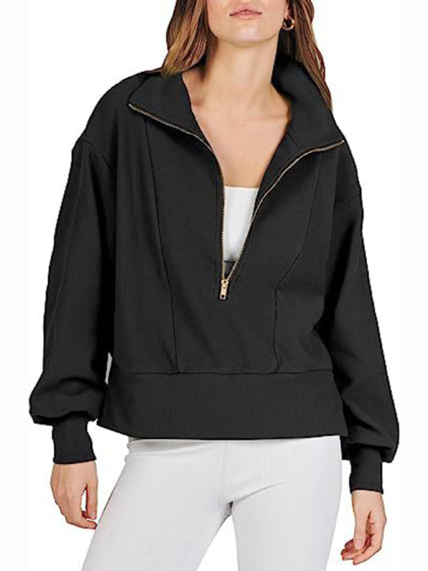 Women's Loose Zipper Neck Long Sleeve Sweatshirt Top