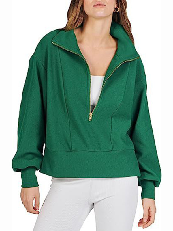 Women's Loose Zipper Neck Long Sleeve Sweatshirt Top