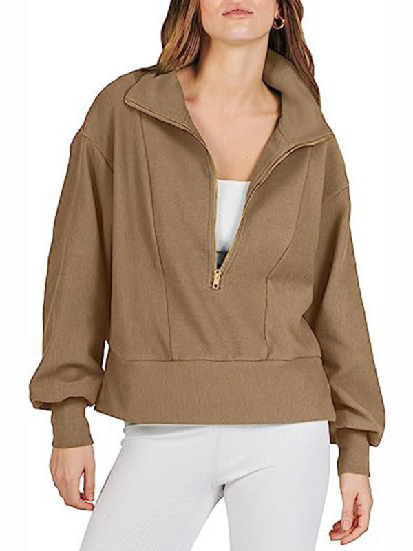 Women's Loose Zipper Neck Long Sleeve Sweatshirt Top