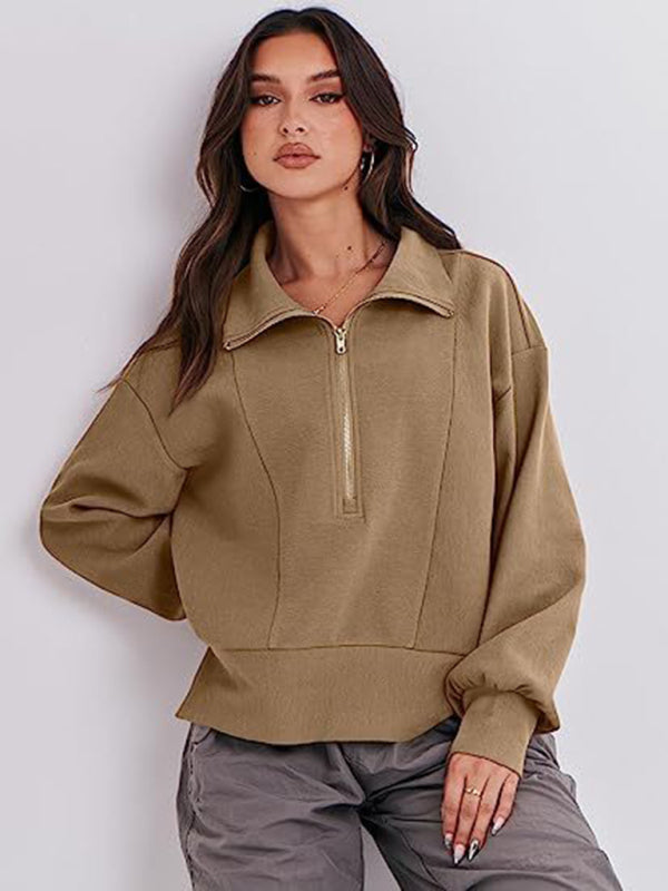 Women's Loose Zipper Neck Long Sleeve Sweatshirt Top