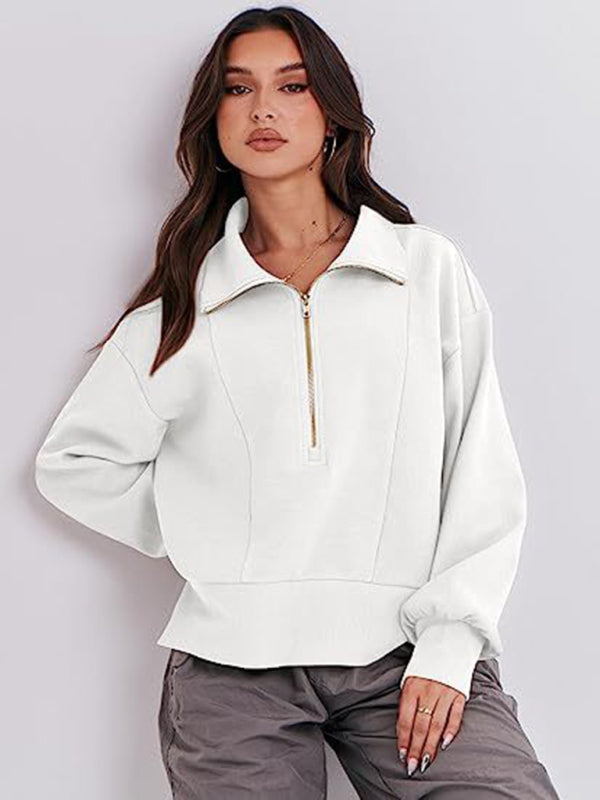 Women's Loose Zipper Neck Long Sleeve Sweatshirt Top