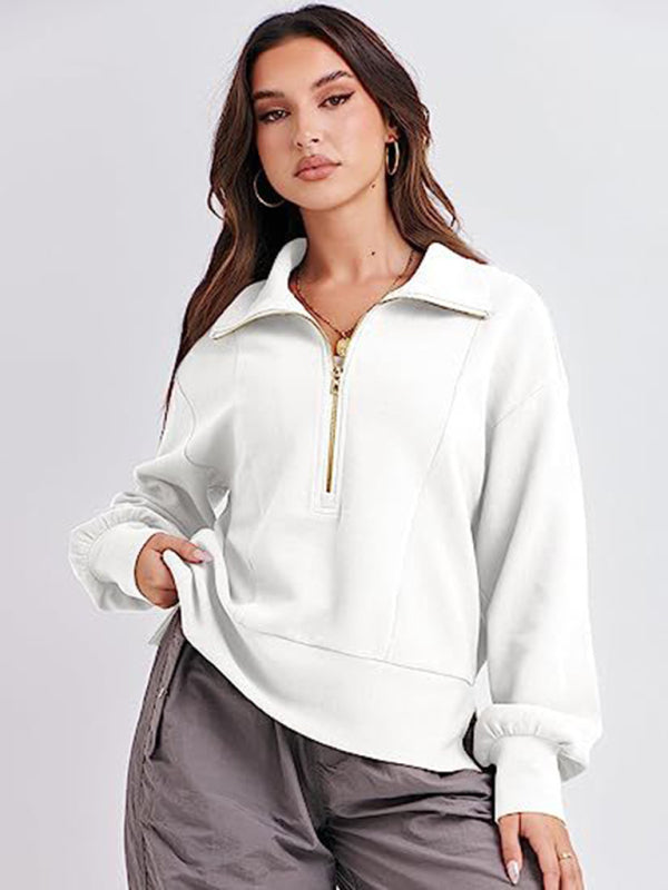 Women's Loose Zipper Neck Long Sleeve Sweatshirt Top