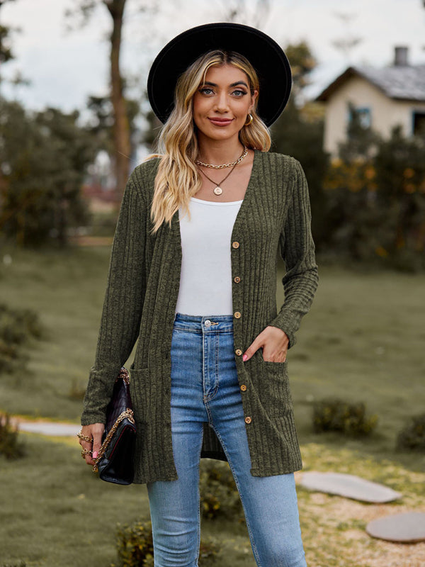 Gebürstete, narbige, einfarbige Langarm-Strickjacke 