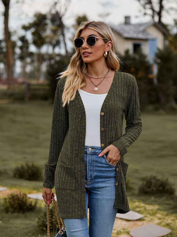 Gebürstete, narbige, einfarbige Langarm-Strickjacke 