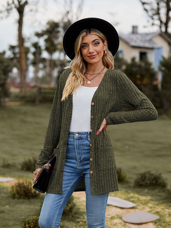 Gebürstete, narbige, einfarbige Langarm-Strickjacke 