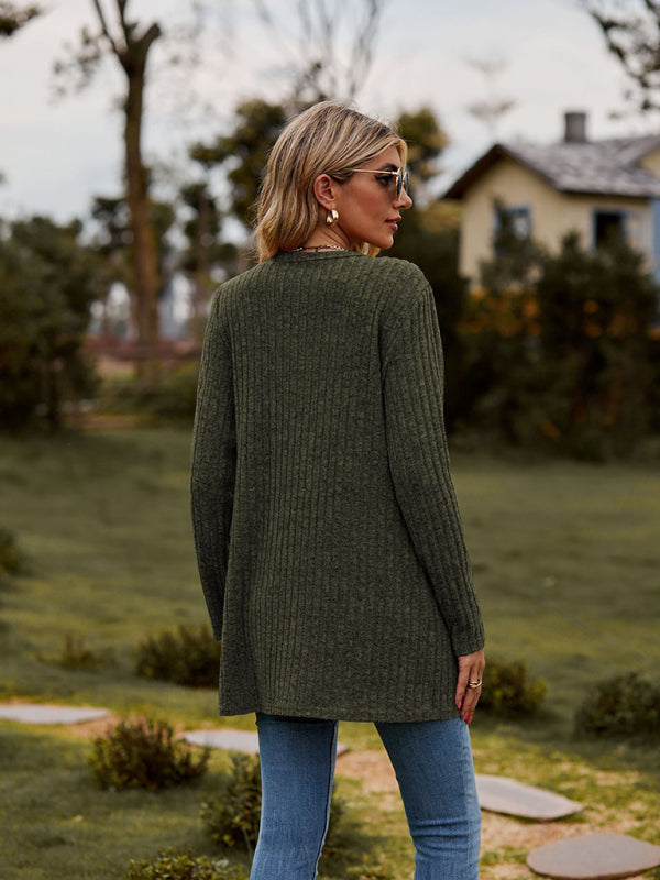 Gebürstete, narbige, einfarbige Langarm-Strickjacke 
