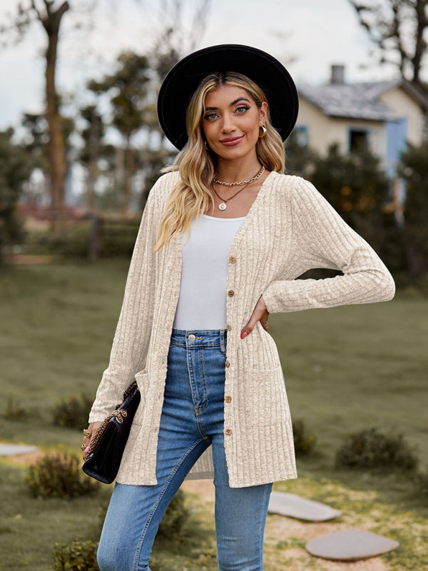 Gebürstete, narbige, einfarbige Langarm-Strickjacke 