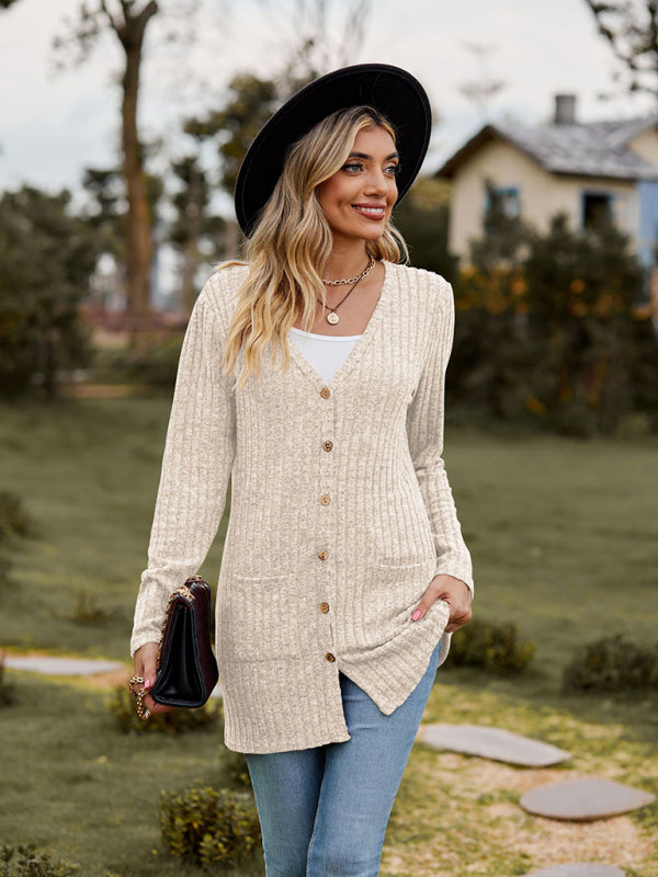Gebürstete, narbige, einfarbige Langarm-Strickjacke 