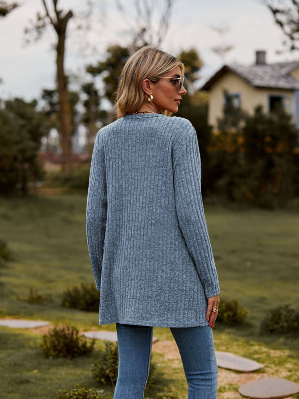 Gebürstete, narbige, einfarbige Langarm-Strickjacke 