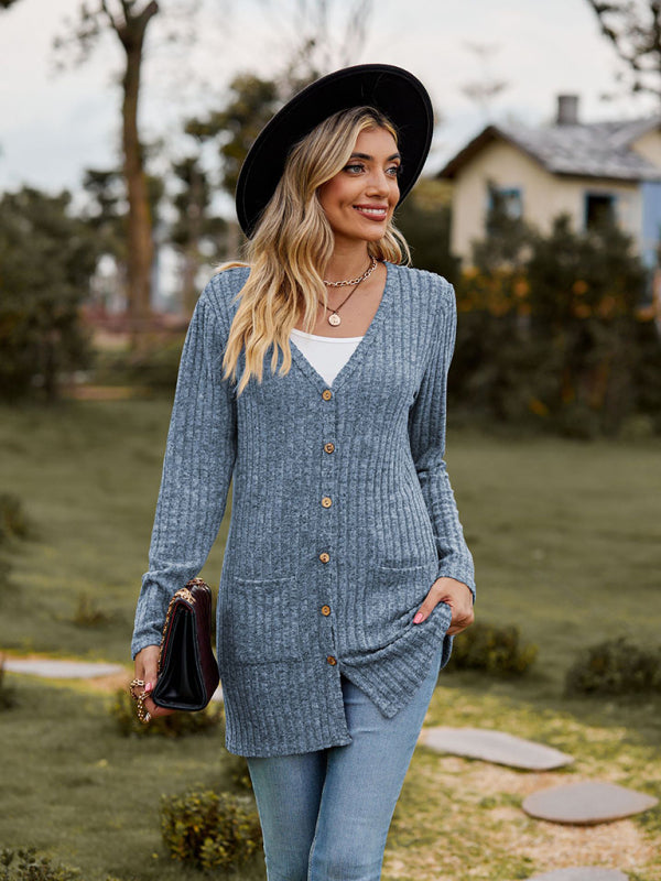 Gebürstete, narbige, einfarbige Langarm-Strickjacke 