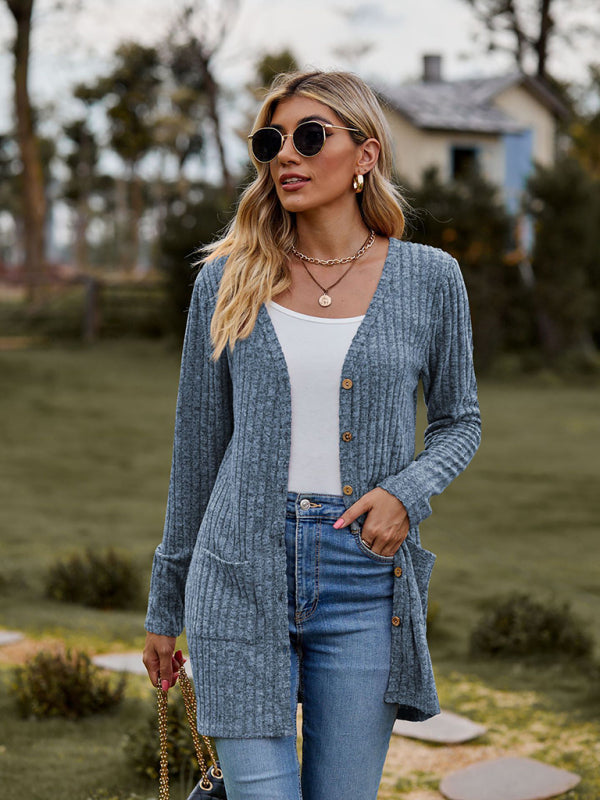 Gebürstete, narbige, einfarbige Langarm-Strickjacke 