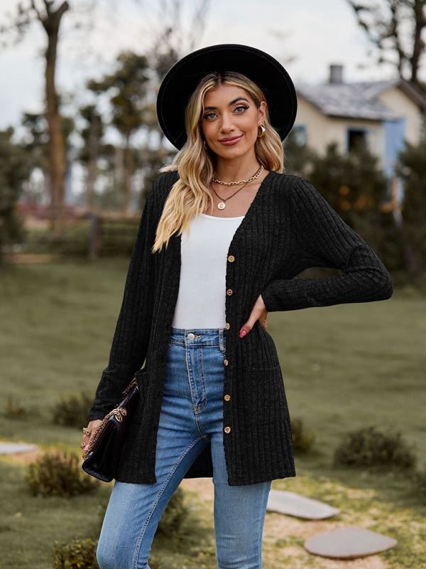 Gebürstete, narbige, einfarbige Langarm-Strickjacke 