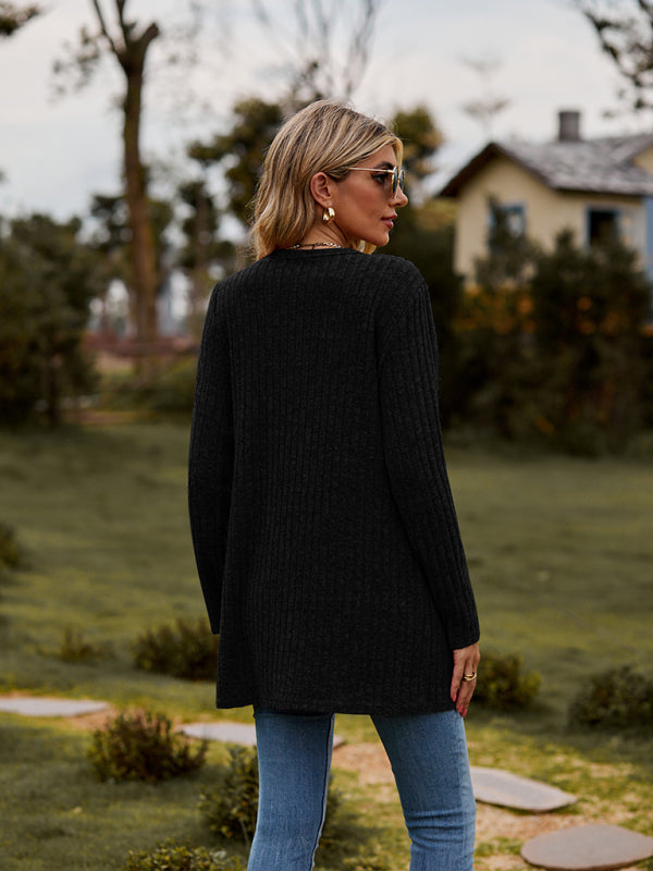 Gebürstete, narbige, einfarbige Langarm-Strickjacke 