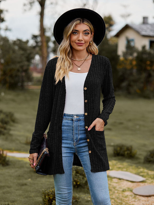 Gebürstete, narbige, einfarbige Langarm-Strickjacke 