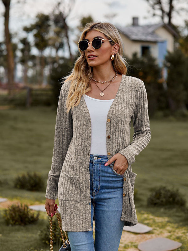 Gebürstete, narbige, einfarbige Langarm-Strickjacke 