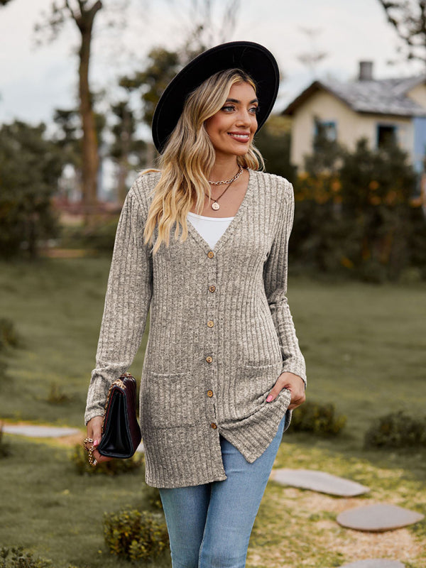 Gebürstete, narbige, einfarbige Langarm-Strickjacke 