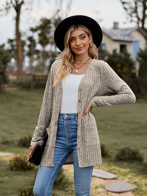 Gebürstete, narbige, einfarbige Langarm-Strickjacke 