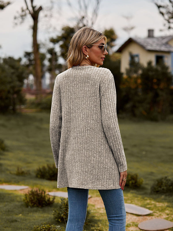 Gebürstete, narbige, einfarbige Langarm-Strickjacke 