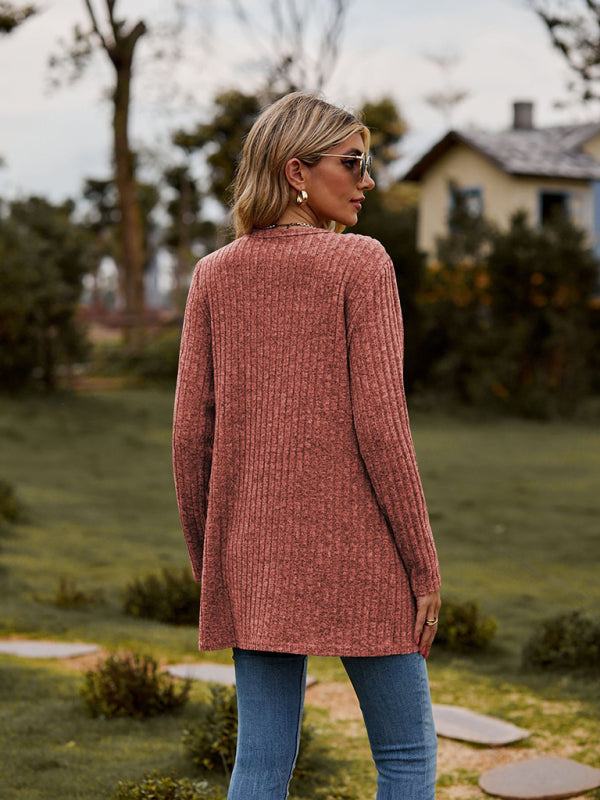 Gebürstete, narbige, einfarbige Langarm-Strickjacke 