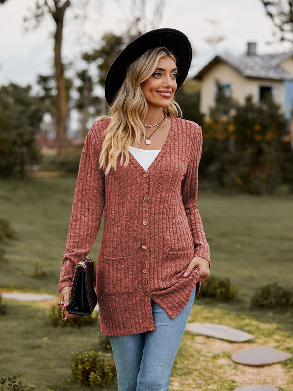 Gebürstete, narbige, einfarbige Langarm-Strickjacke 