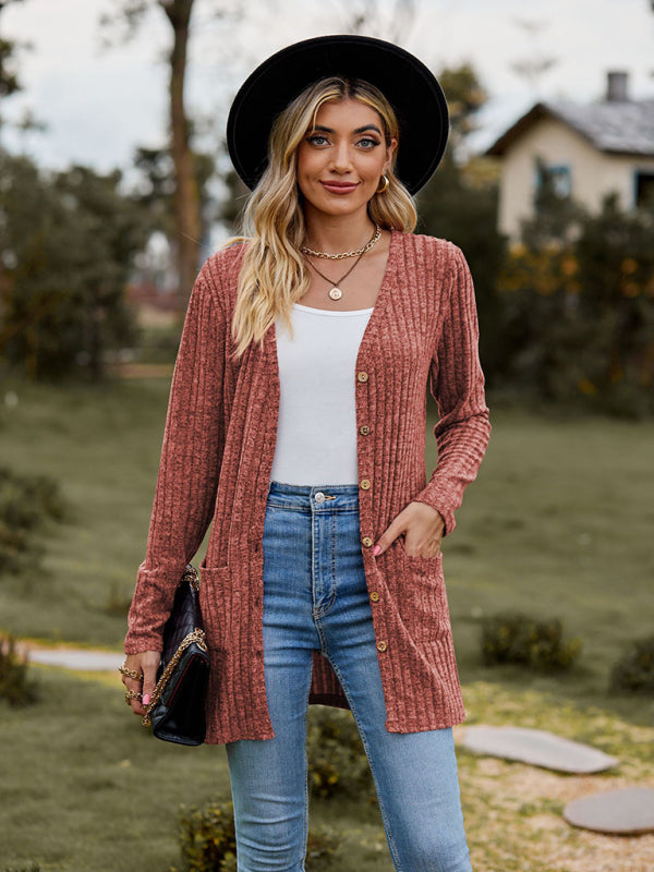 Gebürstete, narbige, einfarbige Langarm-Strickjacke 