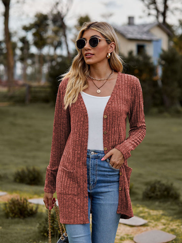 Gebürstete, narbige, einfarbige Langarm-Strickjacke 