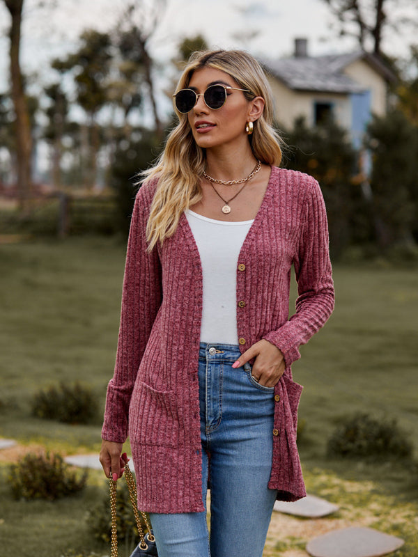 Gebürstete, narbige, einfarbige Langarm-Strickjacke 