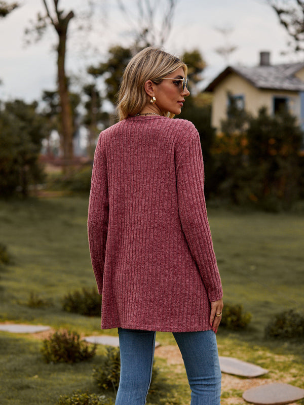 Gebürstete, narbige, einfarbige Langarm-Strickjacke 