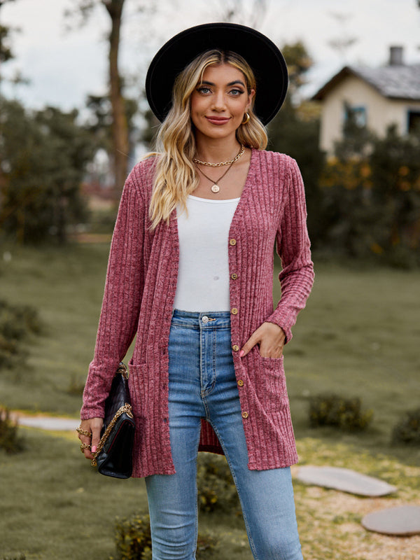 Gebürstete, narbige, einfarbige Langarm-Strickjacke 
