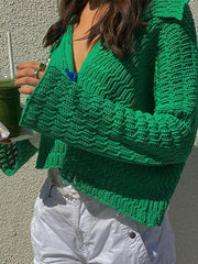 Damen Strickjacke mit Knopf-Revers und hohlen Langarm 