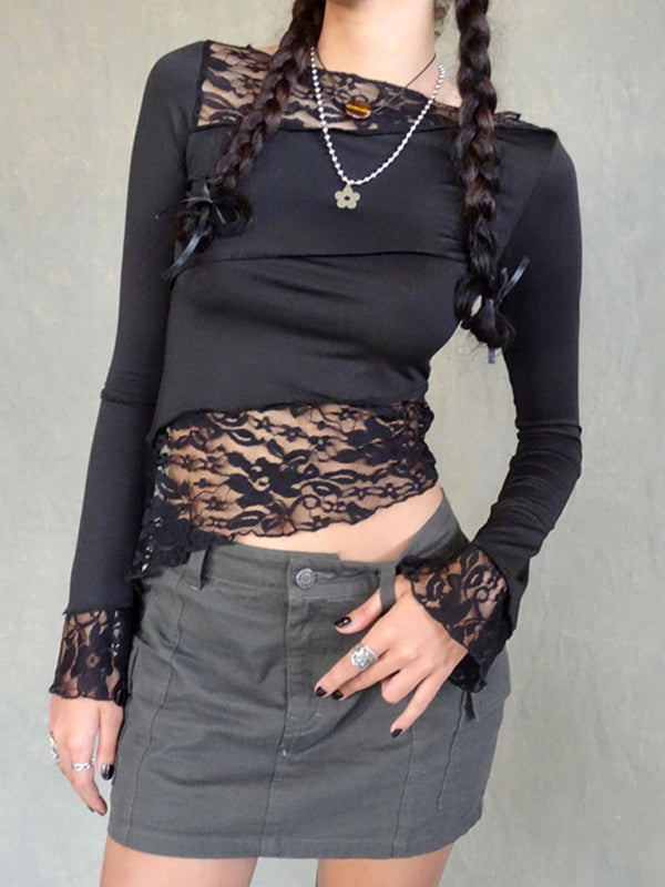 Women's lace patchwork long sleeve top