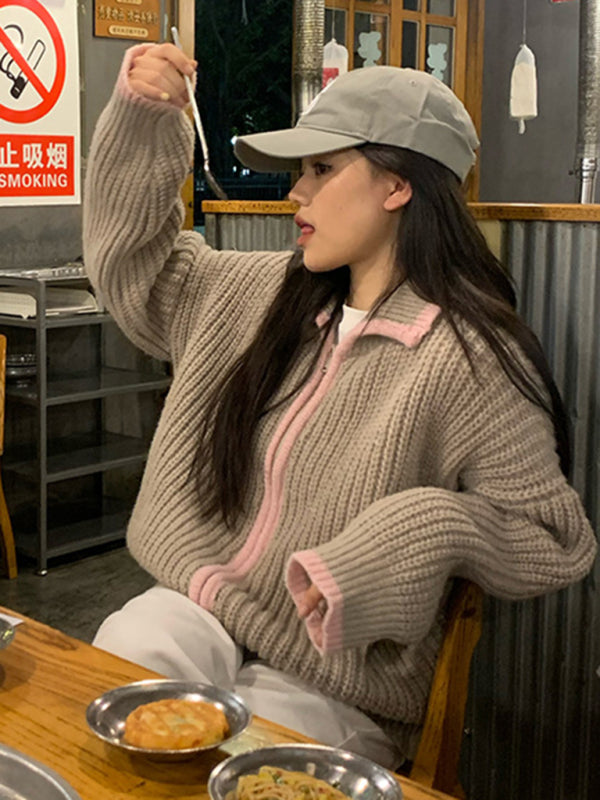 zipper lapel loose knit sweater