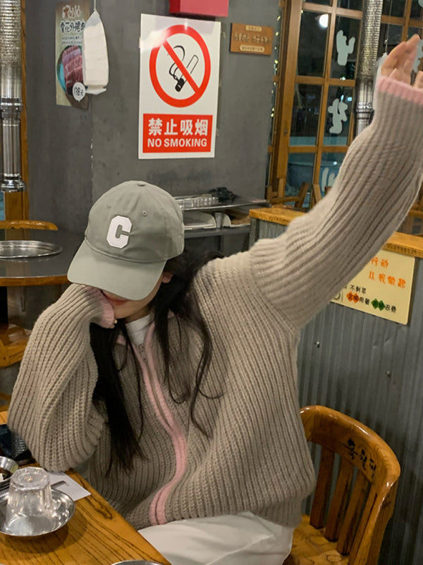zipper lapel loose knit sweater