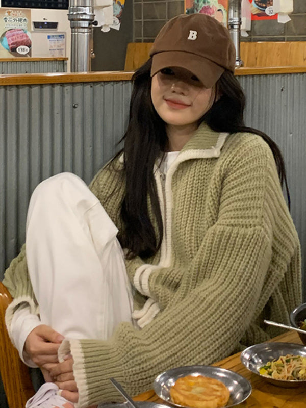 zipper lapel loose knit sweater