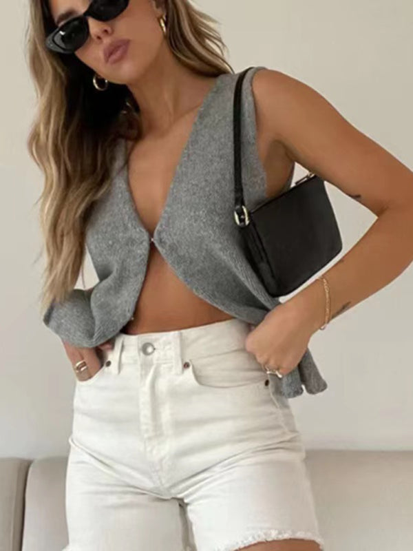 Damen Strickjacke mit tiefem V-Ausschnitt, ärmellos, Hot Girl 