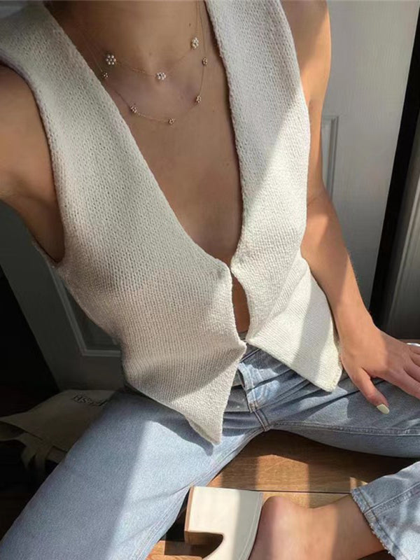 Damen Strickjacke mit tiefem V-Ausschnitt, ärmellos, Hot Girl 