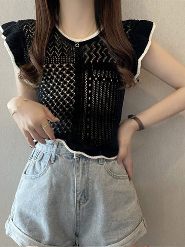 style hollow patchwork small flying sleeve sweater