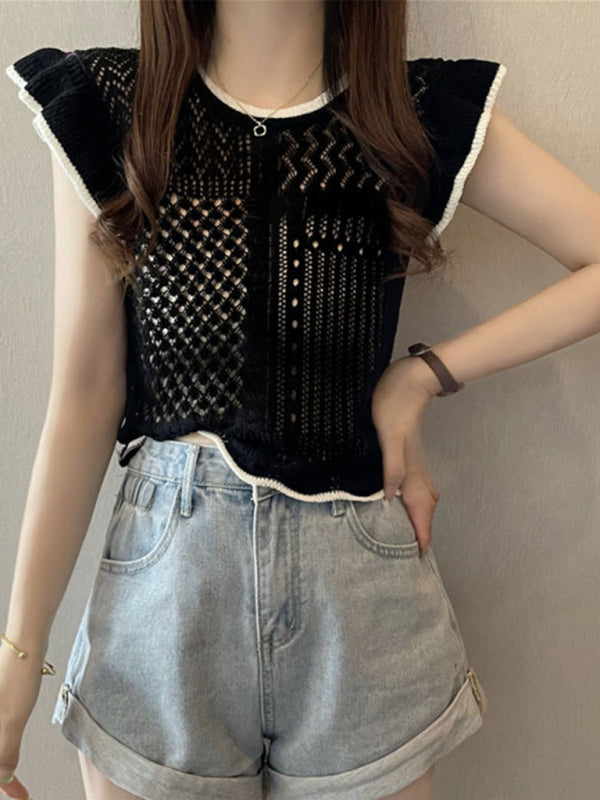 style hollow patchwork small flying sleeve sweater