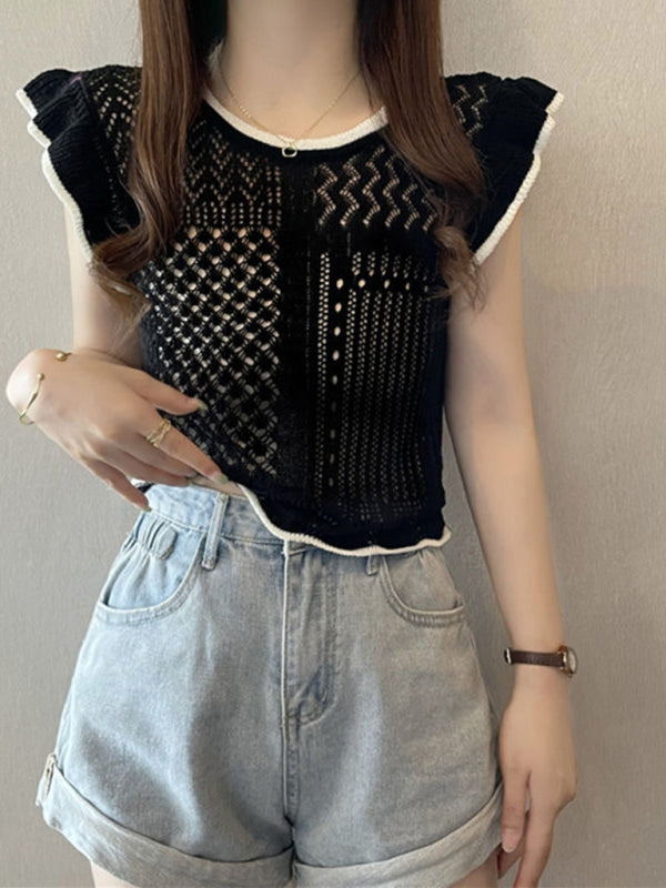 style hollow patchwork small flying sleeve sweater