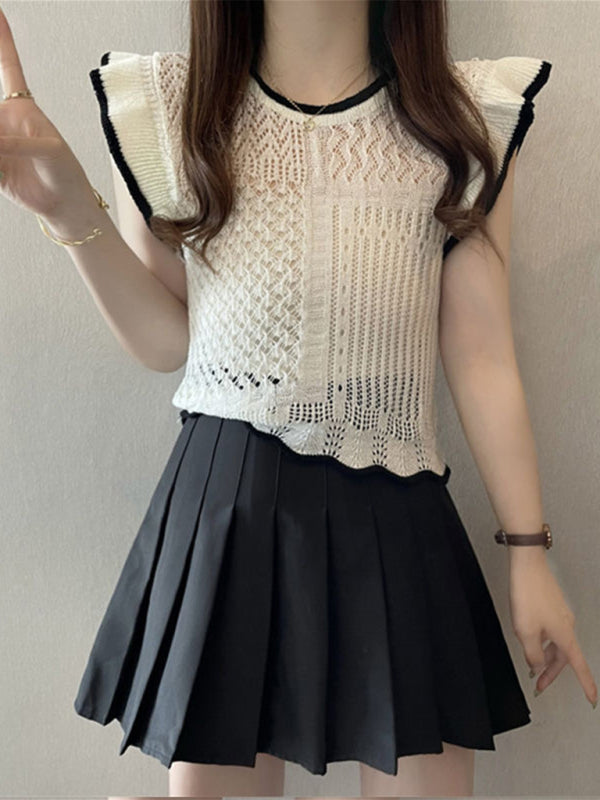 style hollow patchwork small flying sleeve sweater