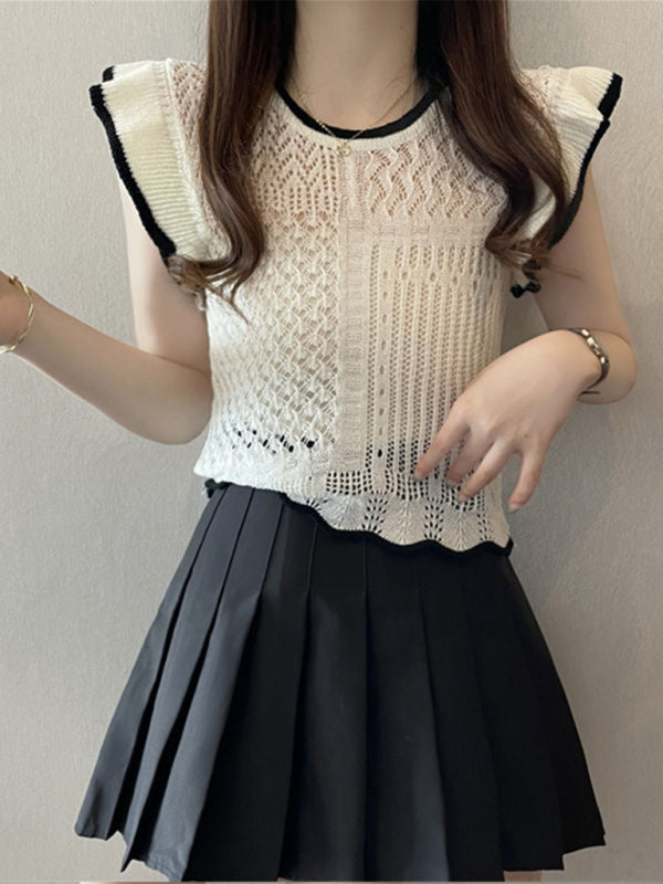 style hollow patchwork small flying sleeve sweater