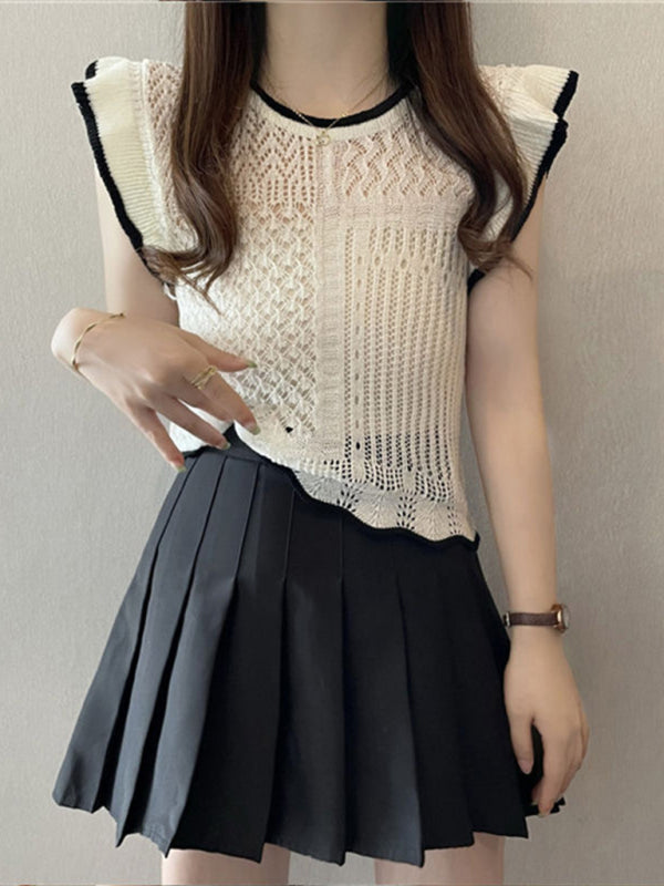 style hollow patchwork small flying sleeve sweater