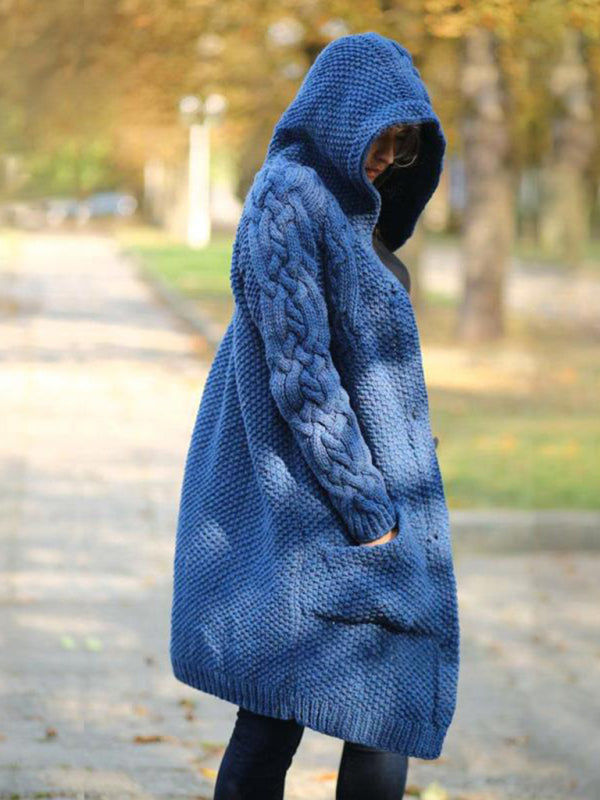 Einreihiger Damen-Strickjacke mit Kapuze und langen Ärmeln 