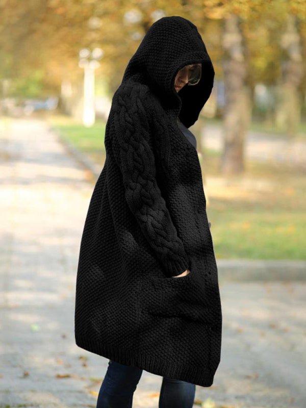 Einreihiger Damen-Strickjacke mit Kapuze und langen Ärmeln 