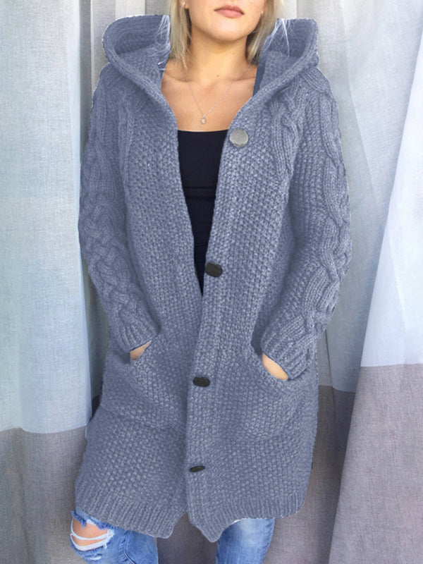 Einreihiger Damen-Strickjacke mit Kapuze und langen Ärmeln 