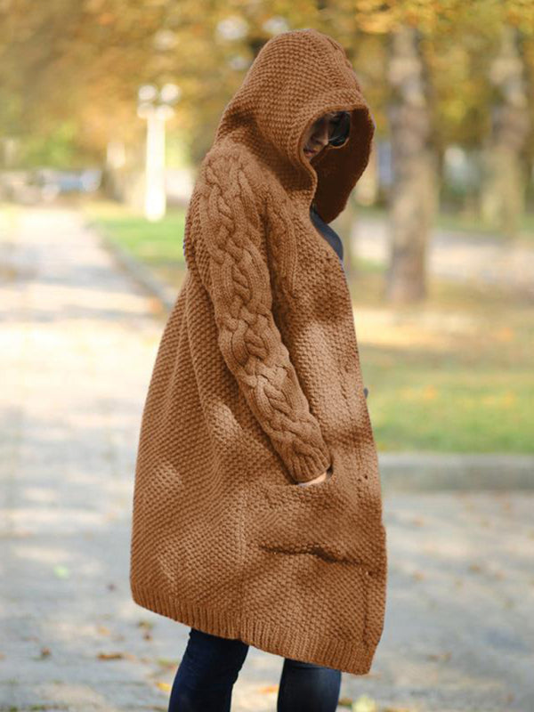 Einreihiger Damen-Strickjacke mit Kapuze und langen Ärmeln 