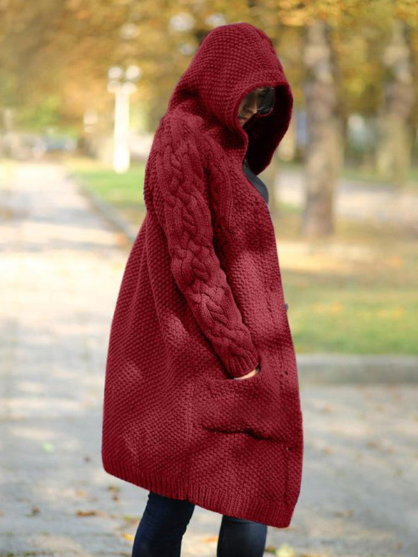 Einreihiger Damen-Strickjacke mit Kapuze und langen Ärmeln 