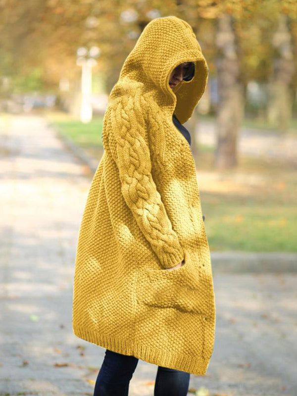 Einreihiger Damen-Strickjacke mit Kapuze und langen Ärmeln 