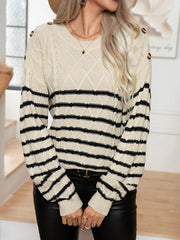 Lässiger Pullover mit Knöpfen und Streifen für Damen, langärmelig 