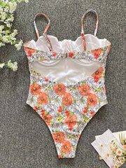 flower one-piece low-cut high-cross swimsuit